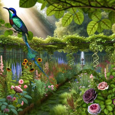 The primary subject of the image is a colorful bird perched on a branch in a garden. The setting is a lush, green garden filled with various flowers and plants. The visual style is a digital art illustration, creating a vibrant and detailed scene. The colors and mood of the image are predominantly warm and inviting, with the bird and the garden creating a sense of serenity and beauty.